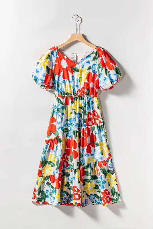 Floral midi dress - multicolor flutter sleeve v neck high waist - dresses