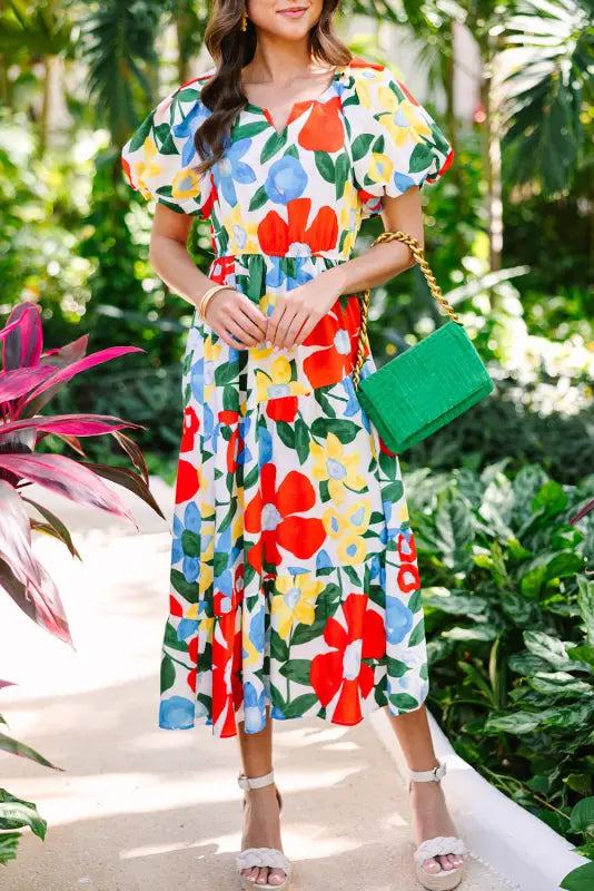 Floral midi dress - multicolor flutter sleeve v neck high waist - dresses