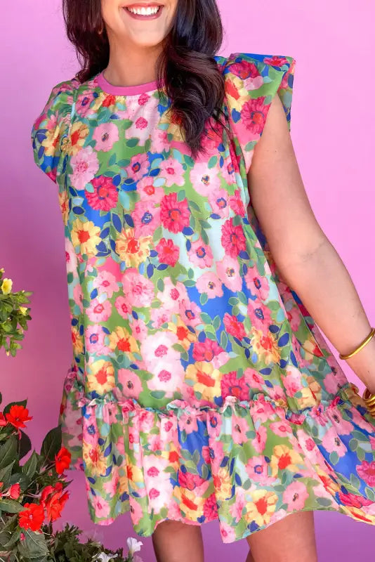 Floral mini dress - flutter sleeve - multicolour / s / 100% polyester - dresses