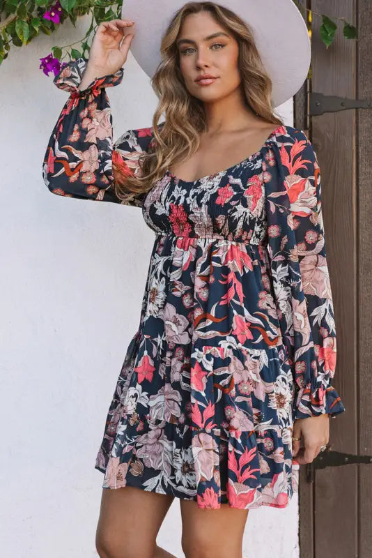 Floral mini dress - tiered long puff sleeve - dresses