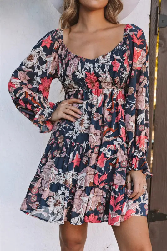 Floral mini dress - tiered long puff sleeve - dresses