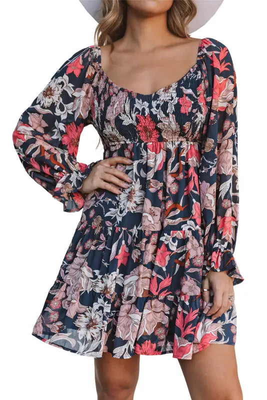 Floral mini dress - tiered long puff sleeve - dresses