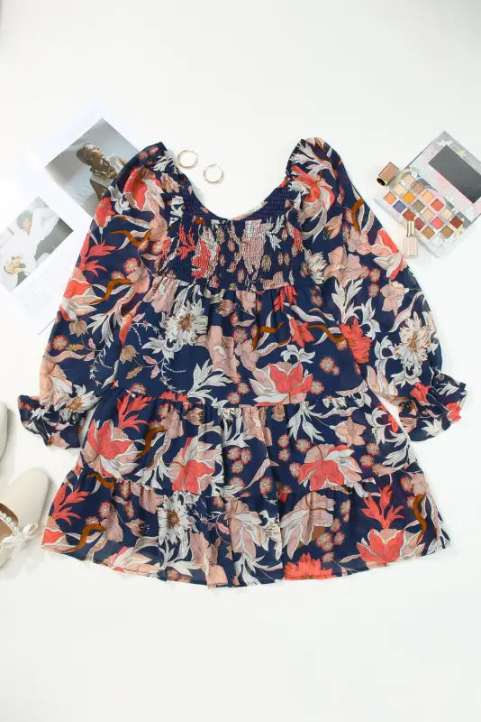 Floral mini dress - tiered long puff sleeve - dresses