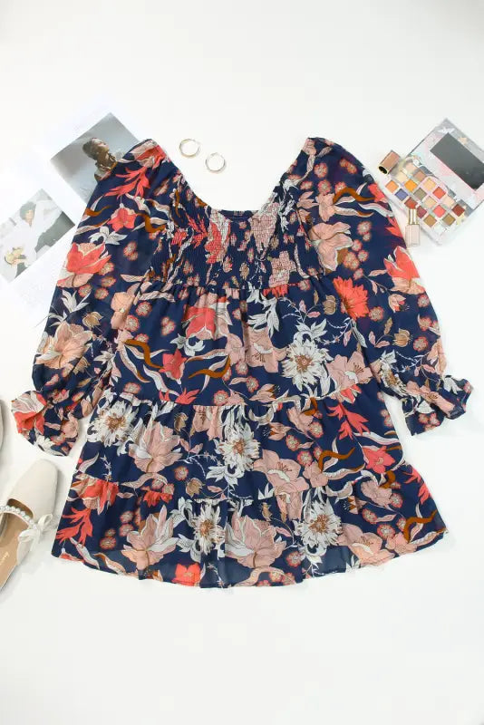 Floral mini dress - tiered long puff sleeve - dresses