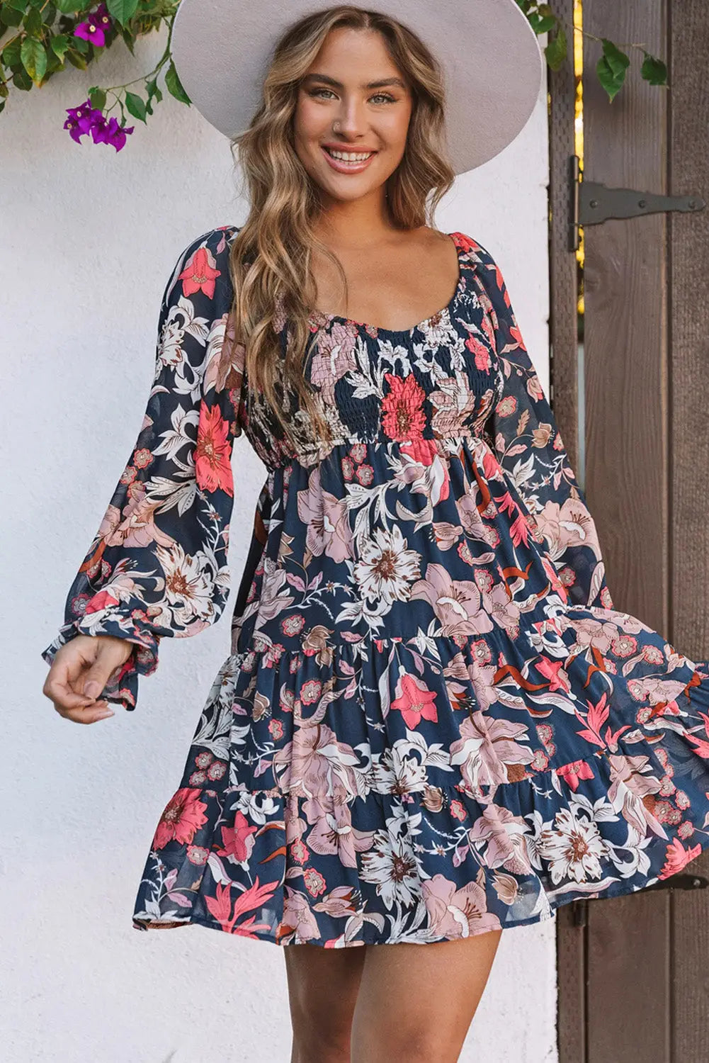 Floral mini dress - tiered long puff sleeve - blue / s / 100% polyester - dresses