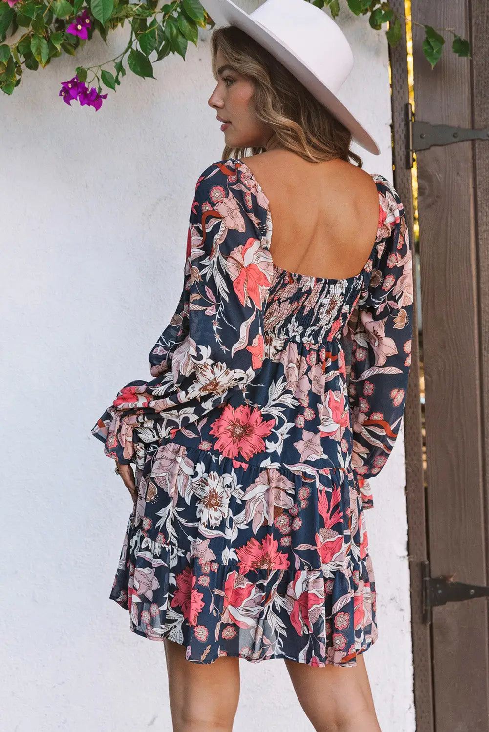 Floral mini dress - tiered long puff sleeve - dresses