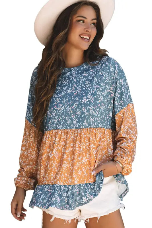 Floral mosaic ruffle hem blouse - elegance in bloom