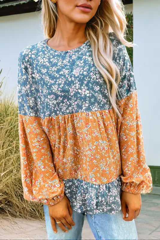 Floral mosaic ruffle hem blouse - elegance in bloom