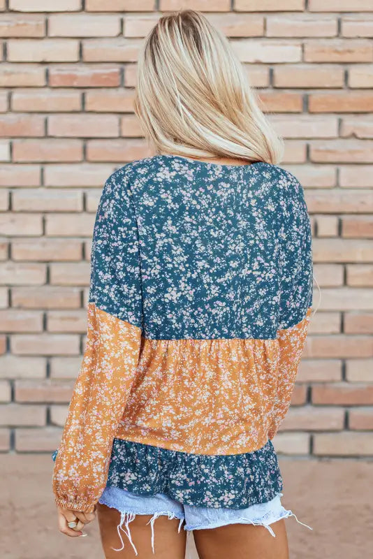 Floral mosaic ruffle hem blouse - elegance in bloom