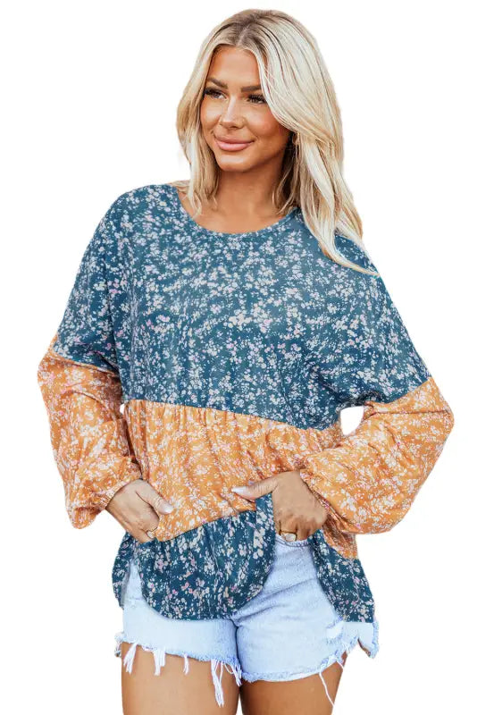 Floral mosaic ruffle hem blouse - elegance in bloom