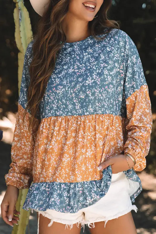 Floral mosaic ruffle hem blouse - elegance in bloom