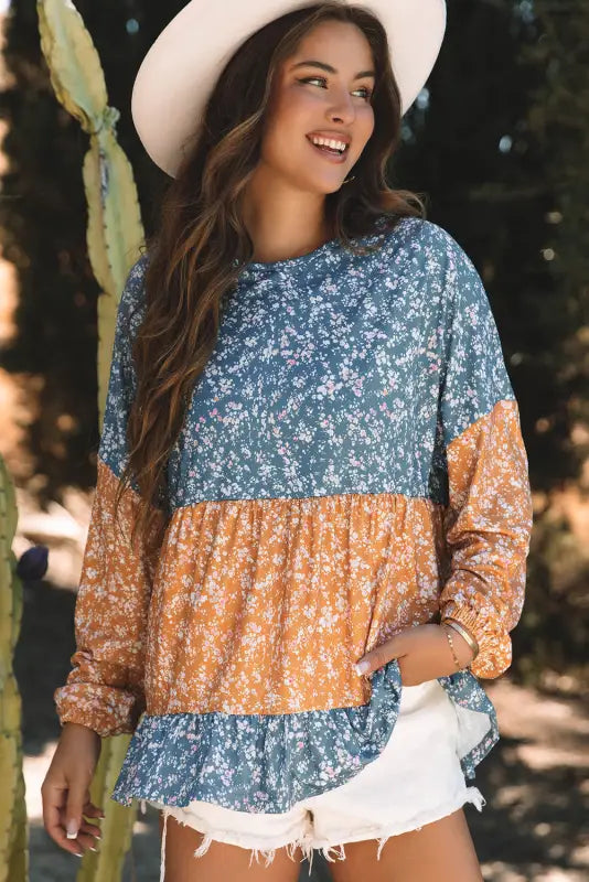 Floral mosaic ruffle hem blouse - elegance in bloom