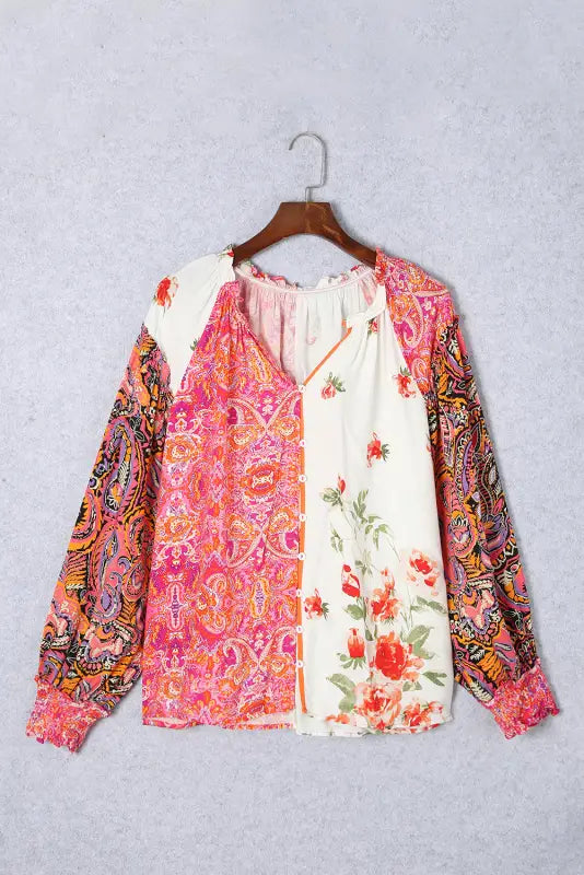 Floral patchwork v-neck blouse | fashionfitz