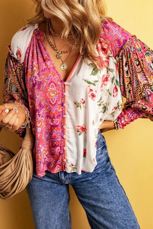 Floral patchwork v-neck blouse | fashionfitz