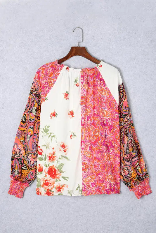 Floral patchwork v-neck blouse | fashionfitz