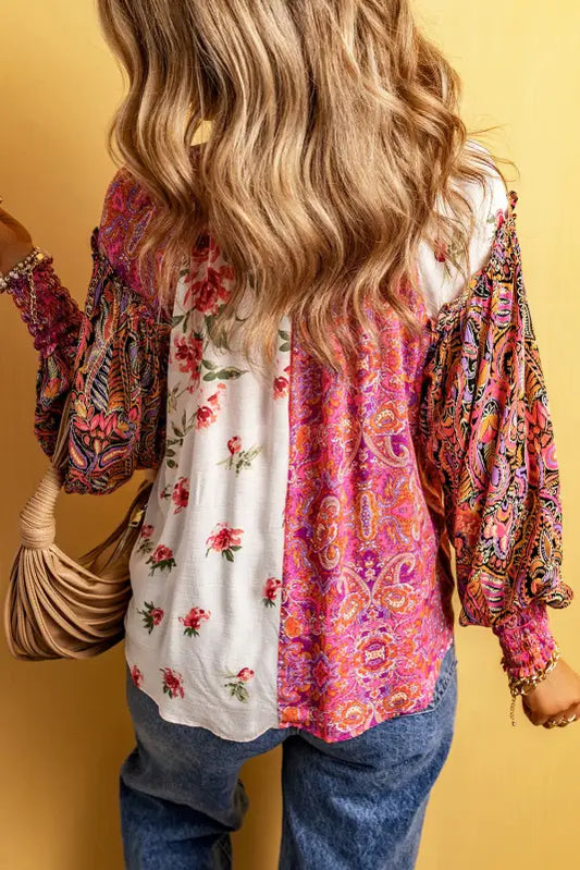 Floral patchwork v-neck blouse | fashionfitz