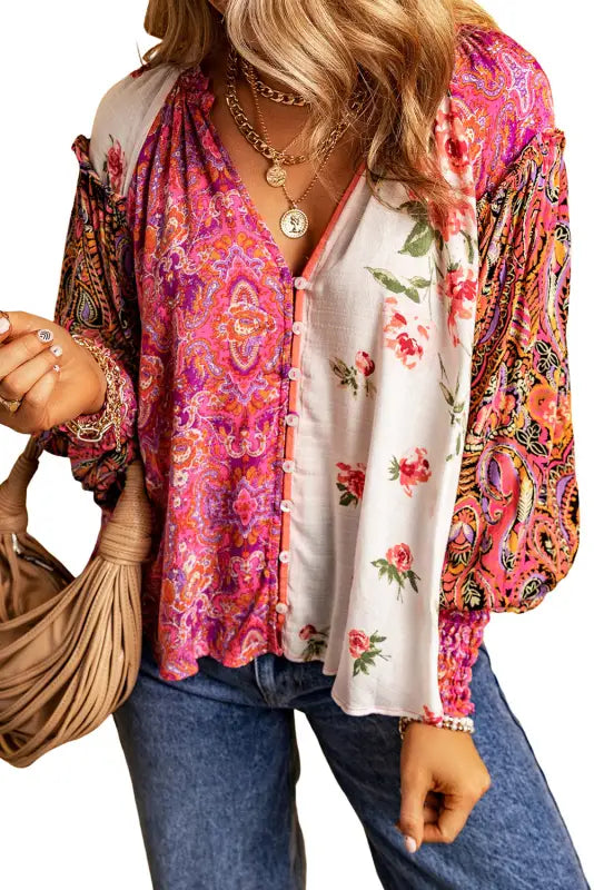 Floral patchwork v-neck blouse | fashionfitz