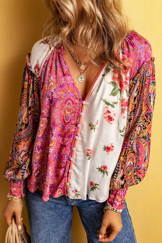 Floral patchwork v-neck blouse | fashionfitz