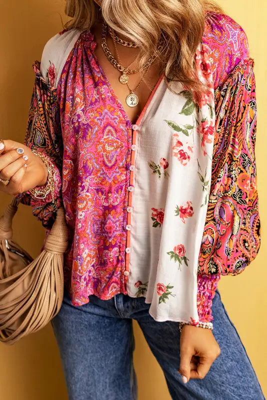 Floral patchwork v-neck blouse | fashionfitz