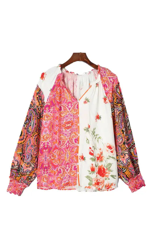 Floral patchwork v-neck blouse | fashionfitz