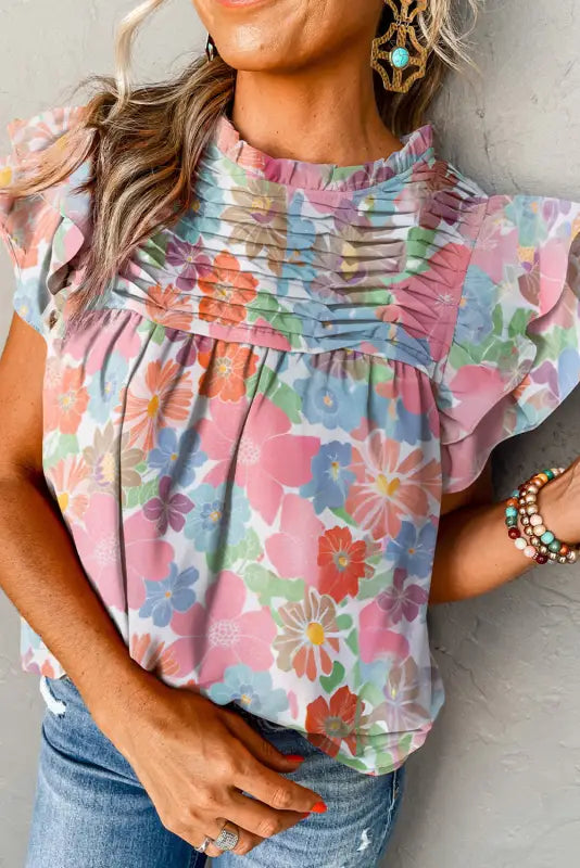 Floral pleated blouse - ruffled flutter sleeve - pink / s / 100% polyester - blouses