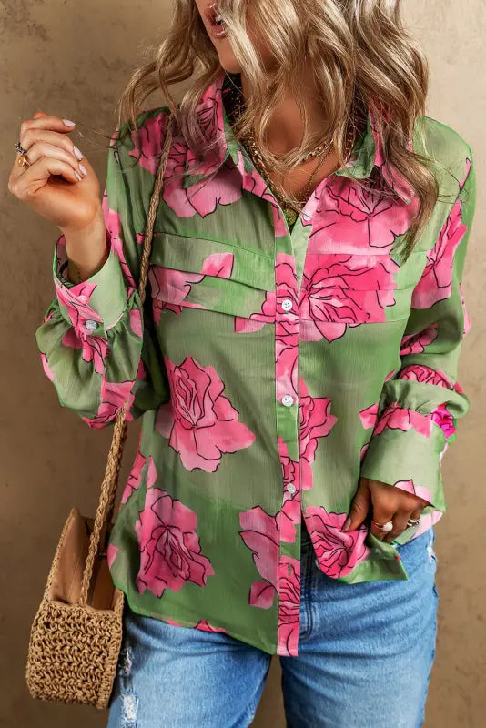 Floral pleated puff sleeve shirt - shirts