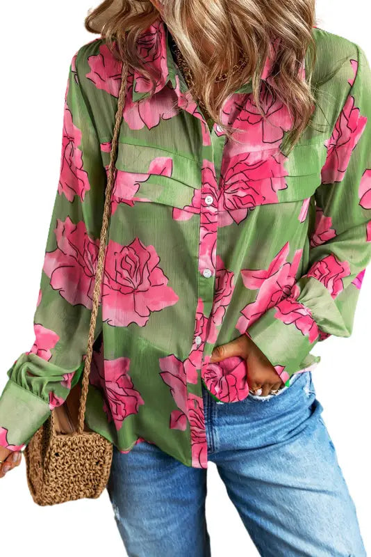 Floral pleated puff sleeve shirt - shirts