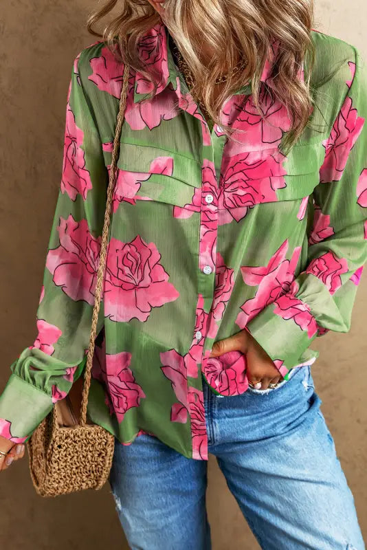 Floral pleated puff sleeve shirt - green / l / 100% polyester - shirts