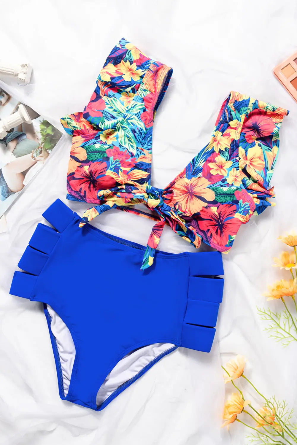 Floral print front tie high waist bikini swimsuit with ruffles - swimsuits