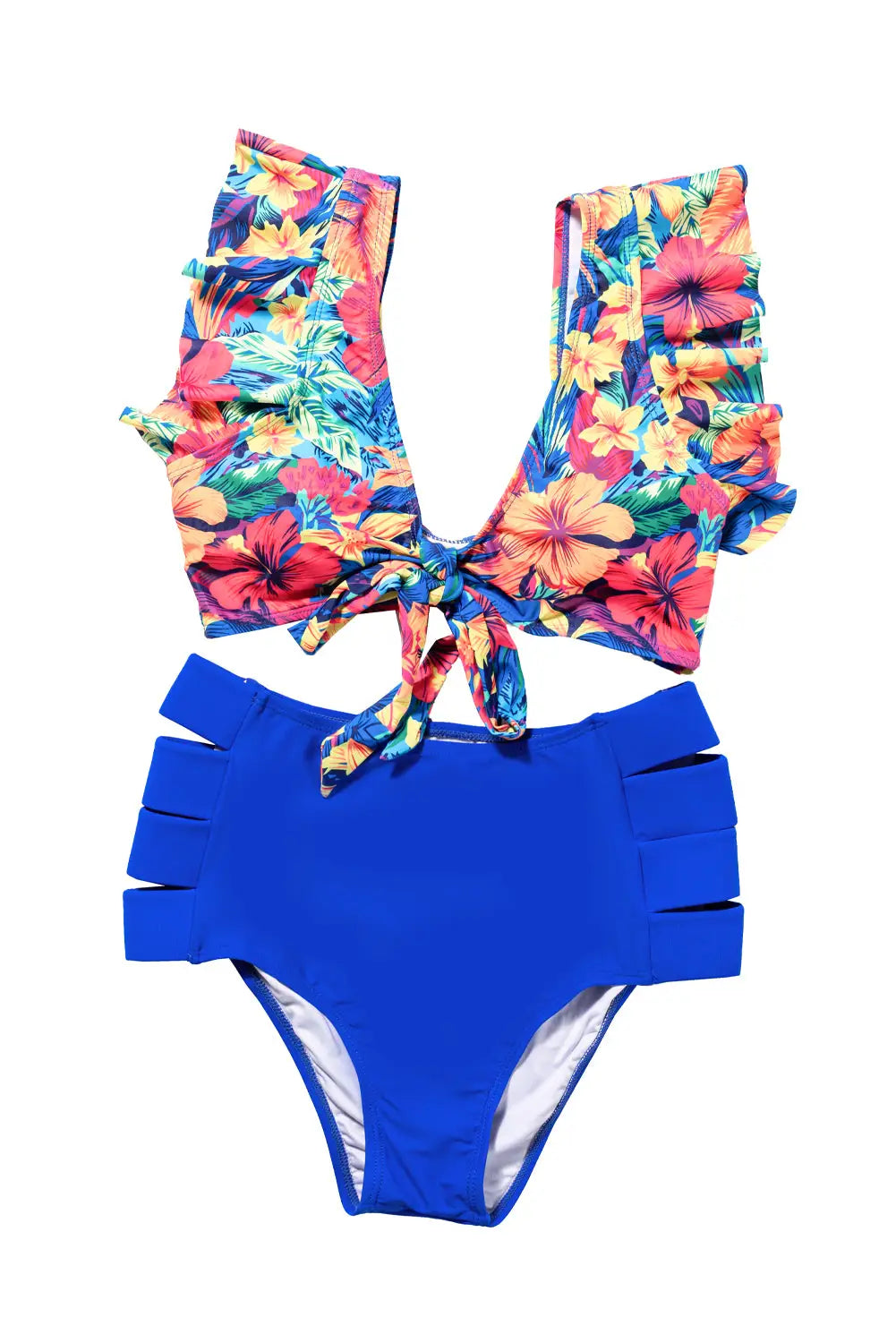 Floral print front tie high waist bikini swimsuit with ruffles - swimsuits