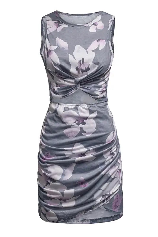 Floral print hollow out wrap tie mini dress - dresses