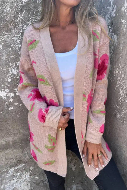 Floral print pocketed open front cardigan - sweaters & cardigans