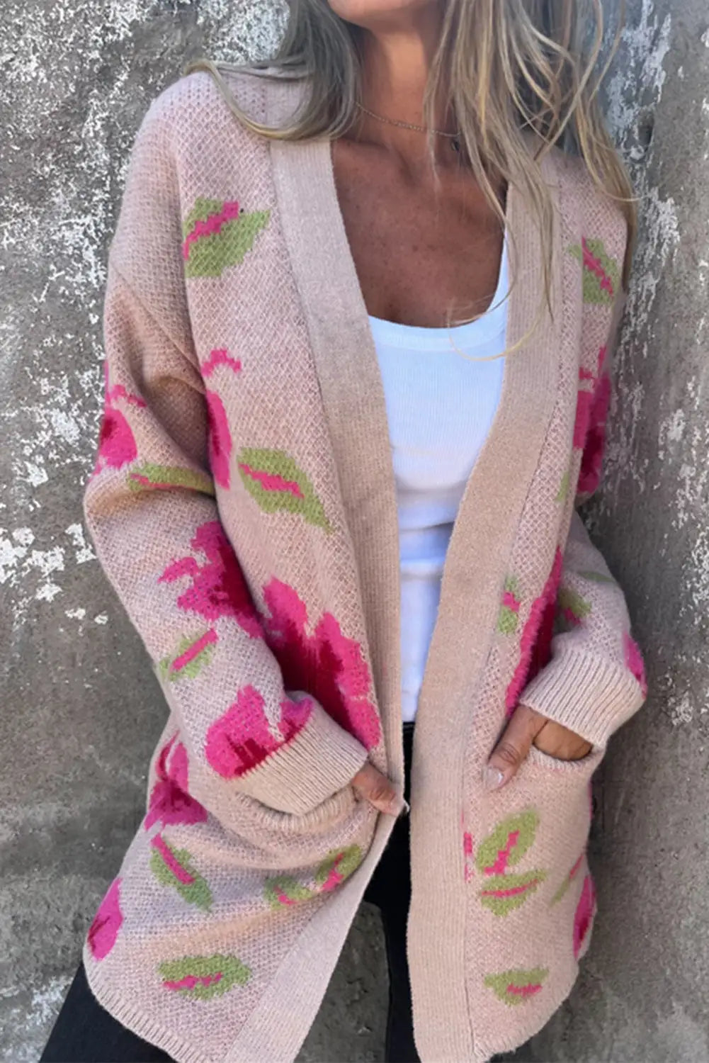 Floral print pocketed open front cardigan - apricot powder / s / 50% viscose + 28% polyester + 22% polyamide - sweaters