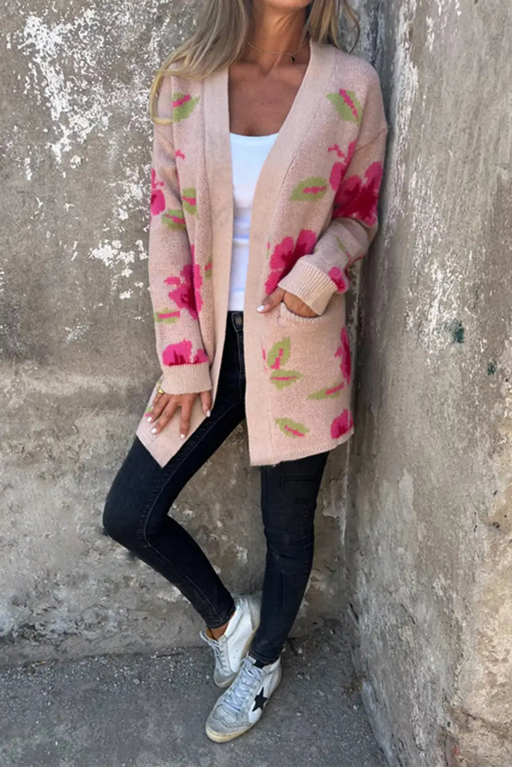 Floral print pocketed open front cardigan - sweaters & cardigans