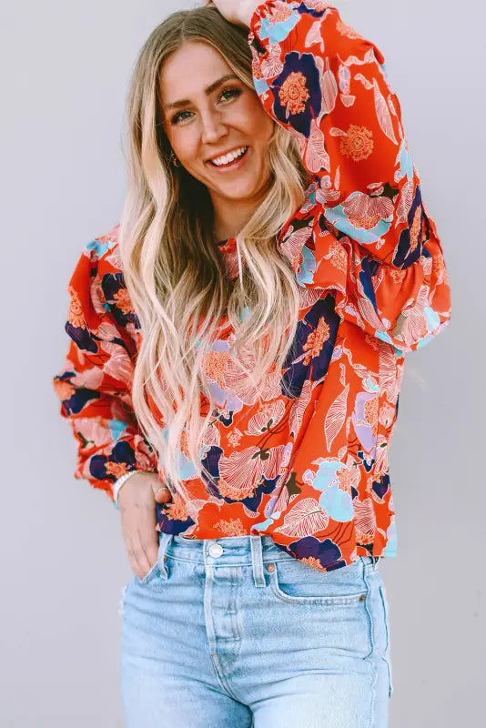 Ginger floral print ruffle puff sleeve blouse - blouses & shirts