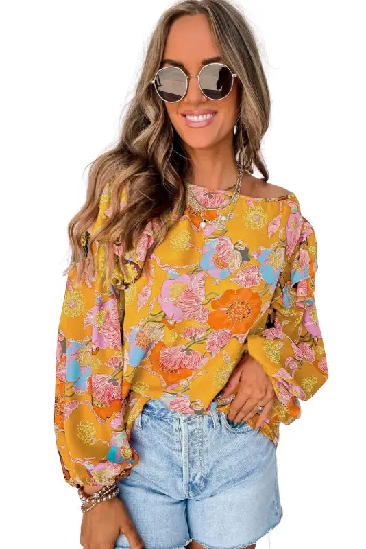 Ginger floral print ruffle puff sleeve blouse - blouses & shirts