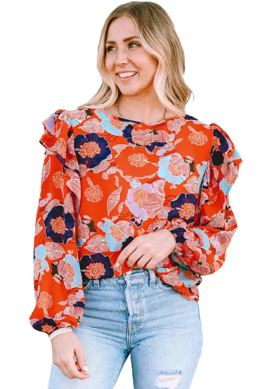 Ginger floral print ruffle puff sleeve blouse - blouses & shirts