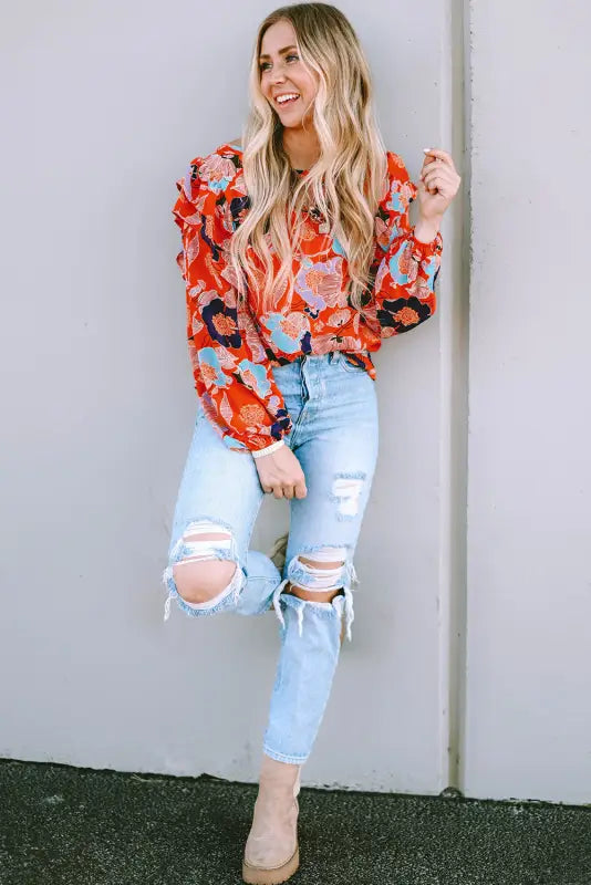 Ginger floral print ruffle puff sleeve blouse - blouses & shirts