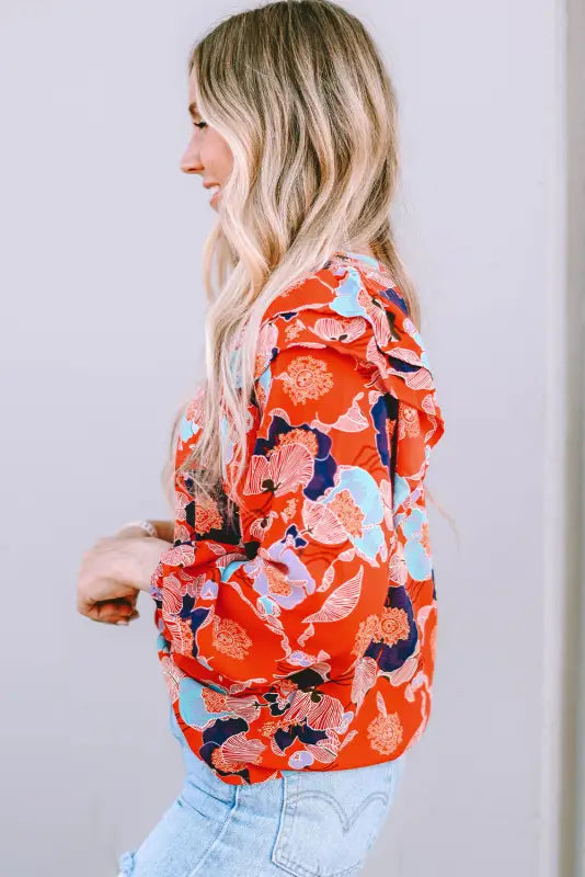 Ginger floral print ruffle puff sleeve blouse - blouses & shirts