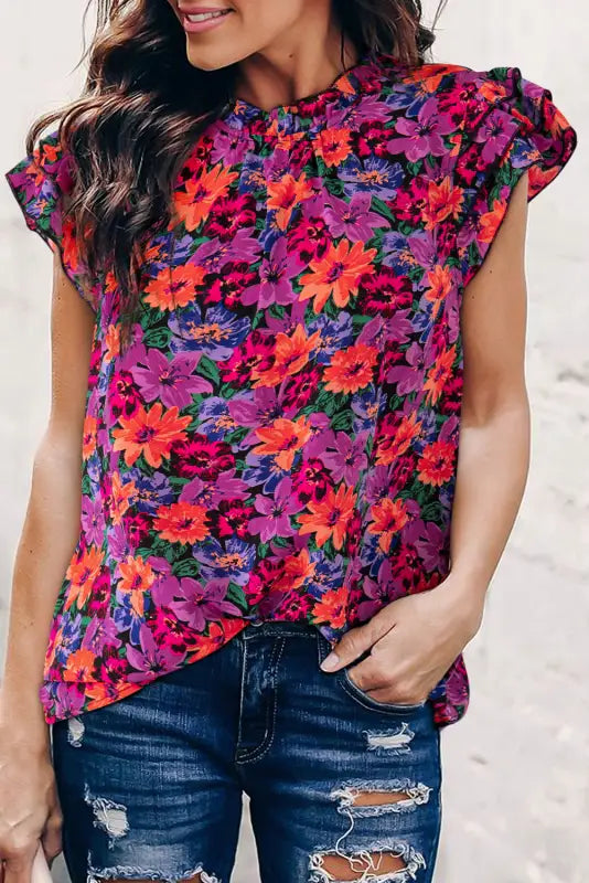 Floral print tiered ruffled sleeve blouse - multicolour / s / 100% polyester - tops/blouses & shirts