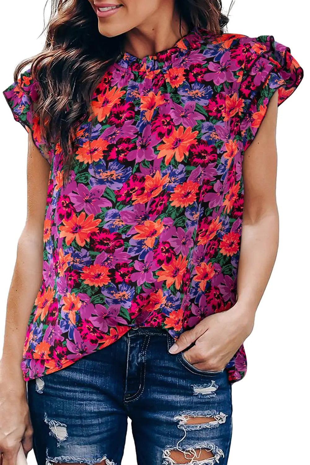 Floral print tiered ruffled sleeve blouse - blouses