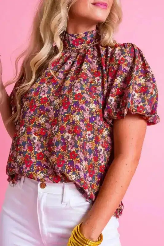 Floral Puff Sleeve Blouse - Fashionfitz