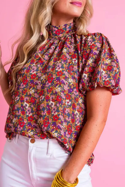 Floral puff sleeve blouse - purple / s / 100% viscose - tops/blouses & shirts