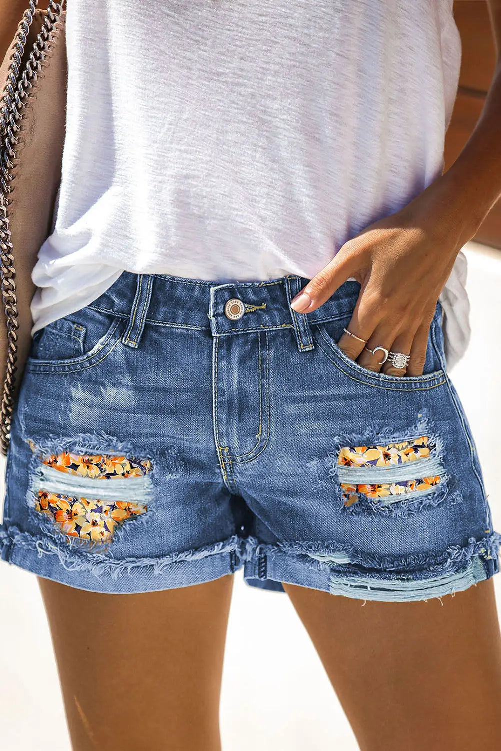Floral rolled hem denim shorts - yellow / s / 71% cotton + 27.5% polyester + 1.5% spandex