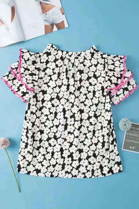 Close-up of Floral Ruffle Sleeve Blouse showing contrast ric-rac trim detail on 100% cotton floral fabric — Fashionfitz