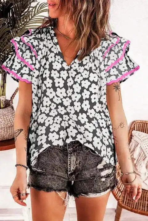 Floral Ruffle Sleeve Blouse - Fashionfitz