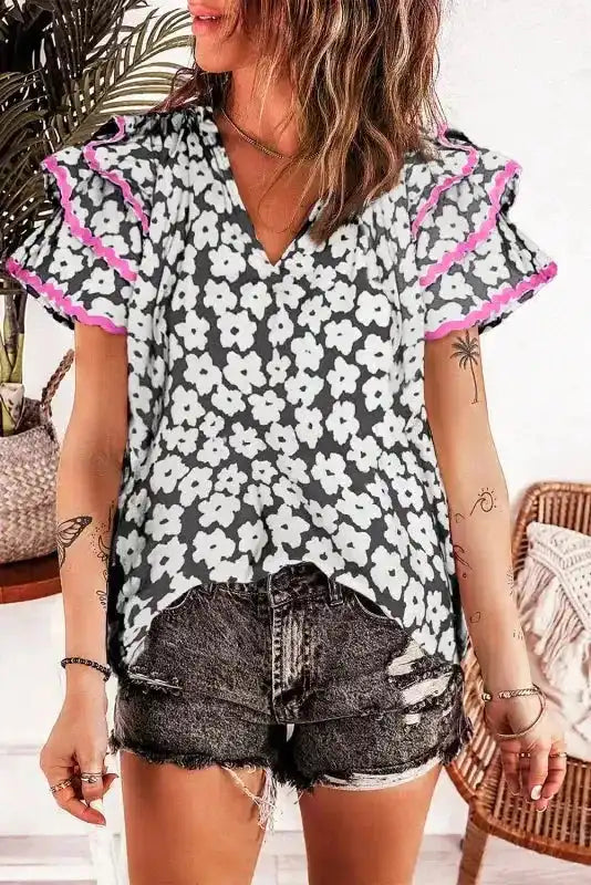 Floral Ruffle Sleeve Blouse Women UK with Ric Rac Trim — front view showing tiered ruffle sleeves and vibrant floral print — Fashionfitz