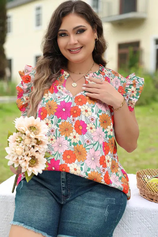 Floral ruffle sleeve plus size blouse - size/plus tops/plus blouses & shirts