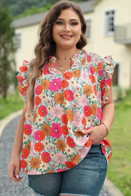 Floral ruffle sleeve plus size blouse - size/plus tops/plus blouses & shirts