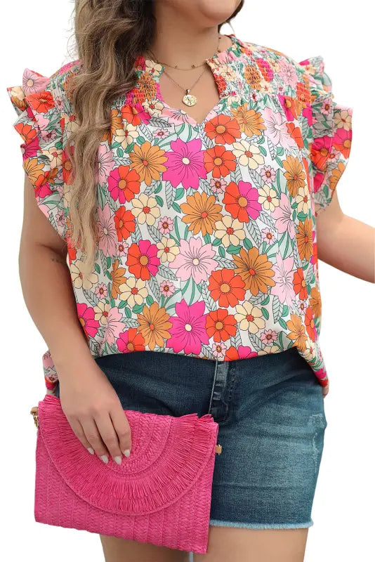 Floral ruffle sleeve plus size blouse - size/plus tops/plus blouses & shirts